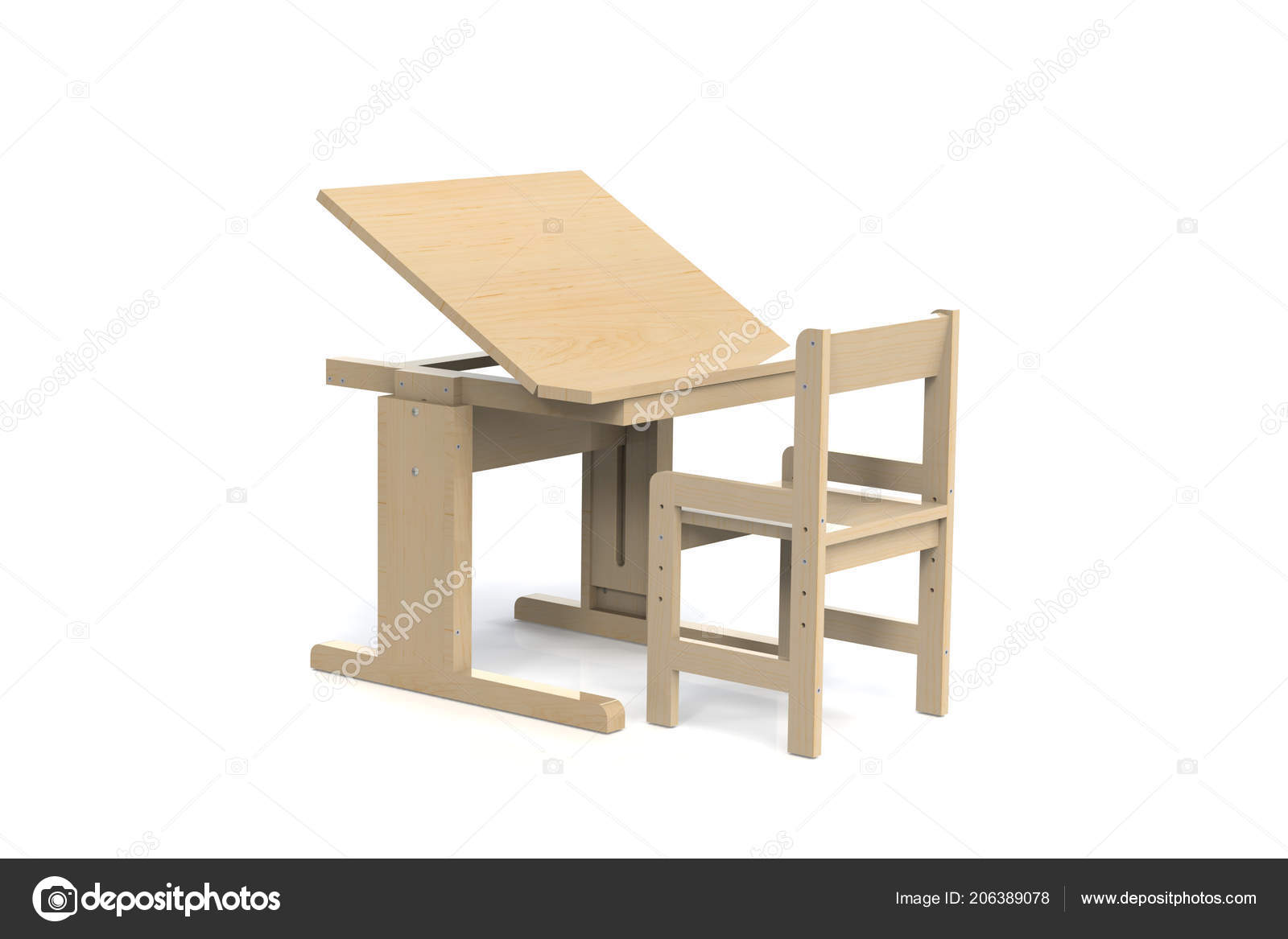 children's small wooden table and chair school desk with adjustable height  and chair with armrests on a white background isolated render 3d model