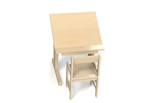 子供の小さな木製のテーブルと椅子 スクール デスク高さ調節可能と白の背景にアームレスト付きチェア 分離されました モデルをレンダリングします — ストック写真