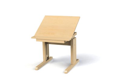 Çocuk küçük ahşap masa. Beyaz bir arka plan üzerinde ayarlanabilir yükseklik ile okul masası. İzole. 3D modeli işlemek.