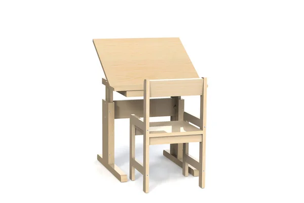 子供の小さな木製のテーブルと椅子 スクール デスク高さ調節可能と白の背景にアームレスト付きチェア 分離されました モデルをレンダリングします — ストック写真