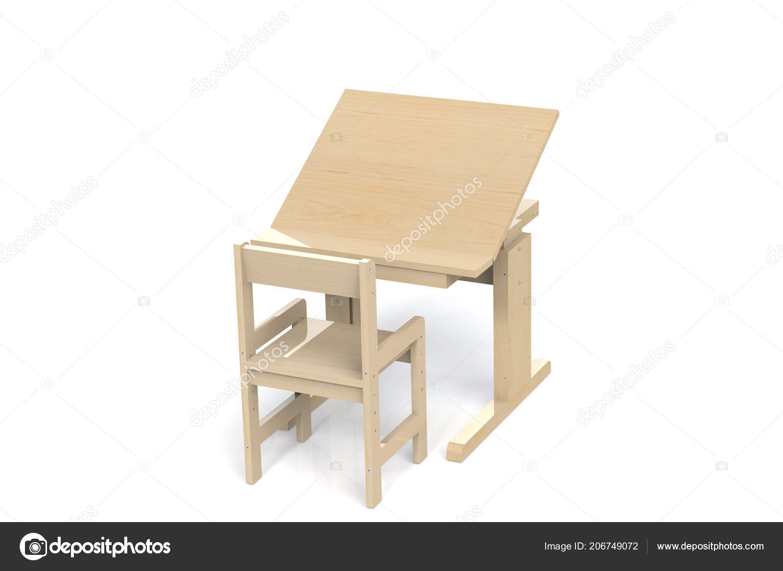 children's small wooden table and chair school desk with adjustable height  and chair with armrests on a white background isolated render 3d model