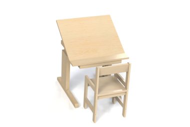 Çocuk küçük ahşap masa ve sandalye. Yüksekliği ayarlanabilir ve beyaz zemin üzerine kol dayama sandalyeyle ile okul masası. İzole. 3D modeli işlemek.