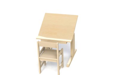 Çocuk küçük ahşap masa ve sandalye. Yüksekliği ayarlanabilir ve beyaz zemin üzerine kol dayama sandalyeyle ile okul masası. İzole. 3D modeli işlemek.