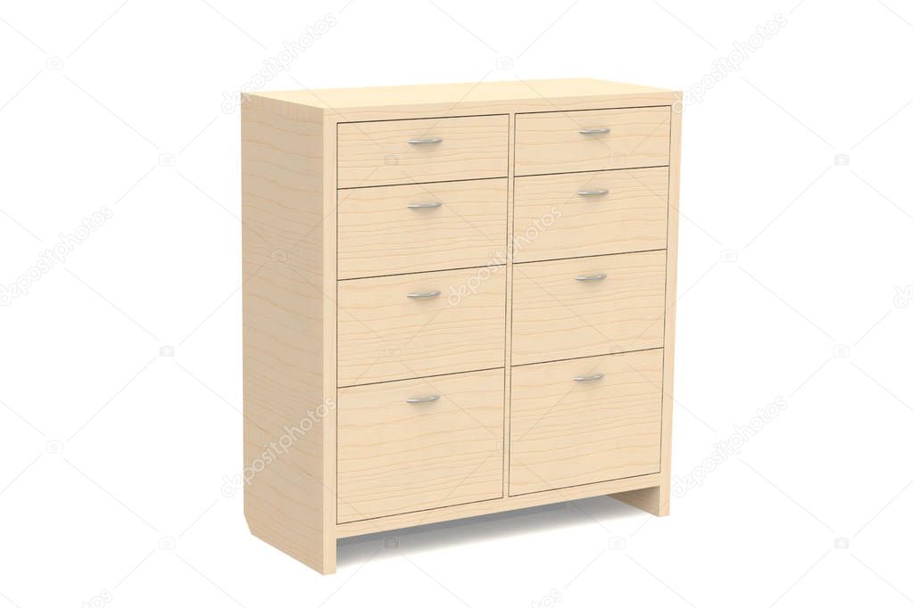 Wardrobe with drawers for clothes, linen, underwear, children's clothes. Wooden chest of drawers. Office furniture for documents storage. 3d rendering model. 