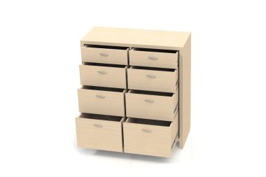 Giysi, çarşaf, iç giyim, Çocuk giyim için çekmeceli dolap. Ahşap çekmeceli. Ofis Mobilyaları belgeleri depolamak için. 3D işleme modeli. 
