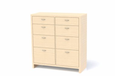 Giysi, çarşaf, iç giyim, Çocuk giyim için çekmeceli dolap. Ahşap çekmeceli. Ofis Mobilyaları belgeleri depolamak için. 3D işleme modeli. 