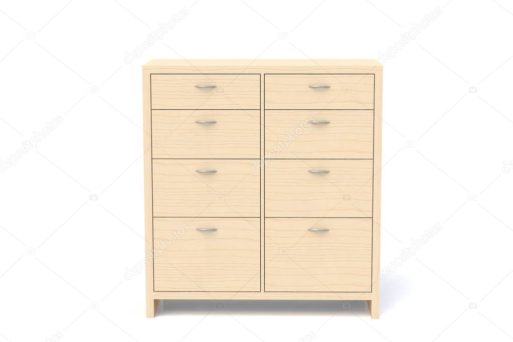 Wardrobe with drawers for clothes, linen, underwear, children's clothes. Wooden chest of drawers. Office furniture for documents storage. 3d rendering model. 