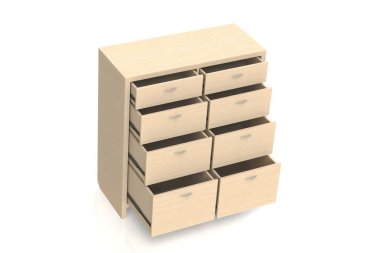 Giysi, çarşaf, iç giyim, Çocuk giyim için çekmeceli dolap. Ahşap çekmeceli. Ofis Mobilyaları belgeleri depolamak için. 3D işleme modeli. 