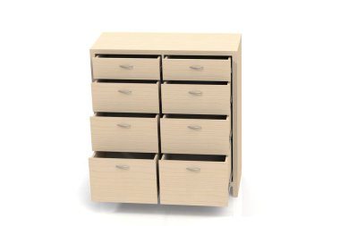 Giysi, çarşaf, iç giyim, Çocuk giyim için çekmeceli dolap. Ahşap çekmeceli. Ofis Mobilyaları belgeleri depolamak için. 3D işleme modeli. 