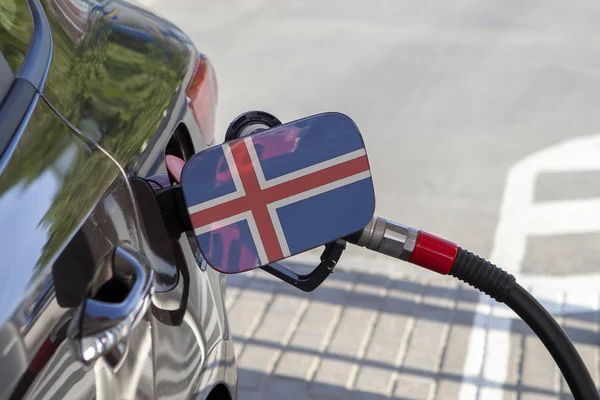 Flaga Islandii Wlewu Zbiornika Paliwa Samochodzie Klapa Tankowania Samochodów Pompy — Zdjęcie stockowe