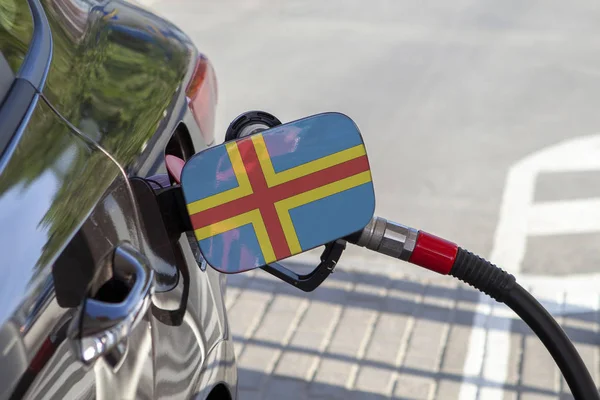 Vlag Van Ålandseilanden Auto Brandstoftank Vuller Flap Auto Tanken Met — Stockfoto