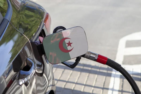 Vlag Van Algerije Auto Brandstoftank Vuller Flap Auto Tanken Met — Stockfoto