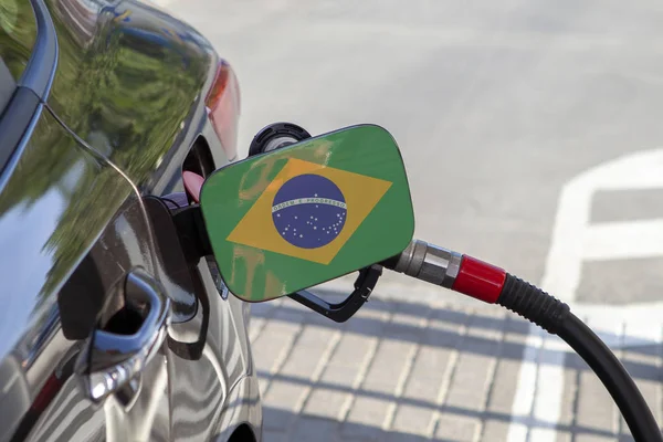 Vlag Van Brazilië Auto Brandstoftank Vuller Flap Auto Tanken Met — Stockfoto