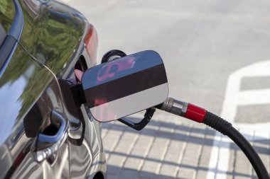 Estonya bayrağı otomobilin yakıt tankı dolgu üzerinde kapak. Yakıt araba benzin istasyonunda benzin pompası ile. Benzin istasyonu. Benzin ve petrol ürünleri. Yakın çekim.