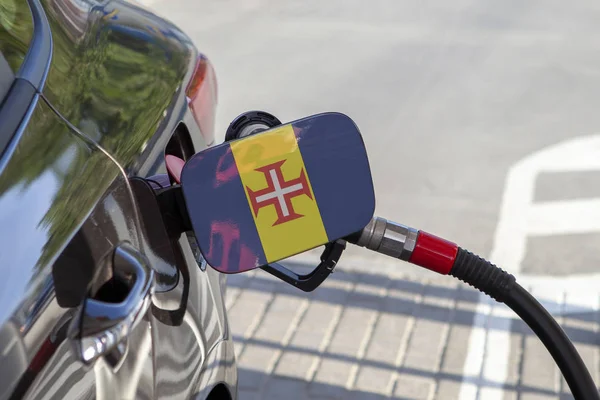 Vlag Van Auto Brandstoftank Vuller Flap Auto Tanken Met Benzinepomp — Stockfoto