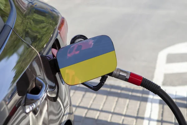 Vlag Van Oekraïne Auto Brandstoftank Vuller Flap Auto Tanken Met — Stockfoto