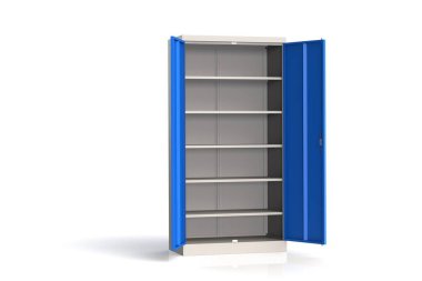 Metal dolap rafları araçları ile. Yangına dayanıklı raf belgeler için. Belgeleri, araçları ve yedek parçaları saklamak için uygun bir yer. Metal mobilya. 3B modeli oluşturma.