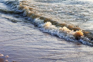 Dalgalar büyük bir nehir kıyısında kumlu. Işık ışınları dalgalar halinde yansıtılır,