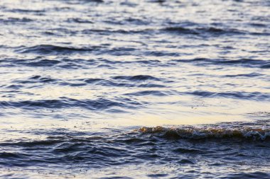 Dalgalar büyük bir nehir kıyısında kumlu. Işık ışınları dalgalar halinde yansıtılır,