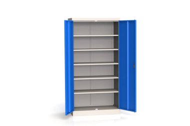 Metal dolap rafları araçları ile. Yangına dayanıklı raf belgeler için. Belgeleri, araçları ve yedek parçaları saklamak için uygun bir yer. Metal mobilya. 3B modeli oluşturma.