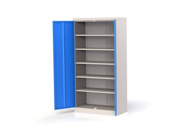 Metal dolap rafları araçları ile. Yangına dayanıklı raf belgeler için. Belgeleri, araçları ve yedek parçaları saklamak için uygun bir yer. Metal mobilya. 3B modeli oluşturma.