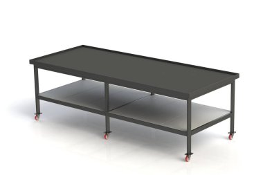 Çalışma tablosu siyah metal kauçuk ile kaplı. Beyaz arka plan izole. 3D render, 3d çizim,