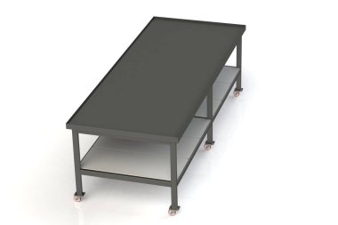 Çalışma tablosu siyah metal kauçuk ile kaplı. Beyaz arka plan izole. 3D render, 3d çizim,