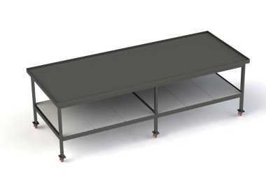 Çalışma tablosu siyah metal kauçuk ile kaplı. Beyaz arka plan izole. 3D render, 3d çizim,