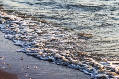 Dalgalar büyük bir nehir kıyısında kumlu. Işık ışınları dalgalar halinde yansıtılır,