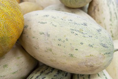 Gün ışığında sayaçta kavun torpido. Piyasadaki sulu meyve öğle yemeği için. Doğal doku, arka plan. Yakın çekim. Sığ derinlik-in tarla.