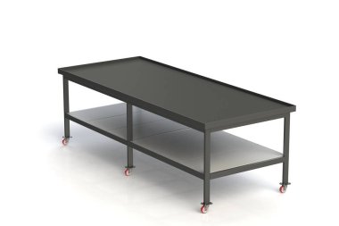 Çalışma tablosu siyah metal kauçuk ile kaplı. Beyaz arka plan izole. 3D render, 3d çizim,