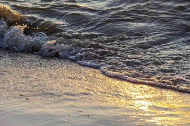 Dalgalar büyük bir nehir kıyısında kumlu. Işık ışınları dalgalar halinde yansıtılır,