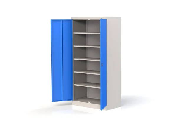 Metal cabinet with shelves for tools. Fireproof shelving for documents. A convenient place for storing documents, tools and spare parts. Metal furniture. 3D model rendering.