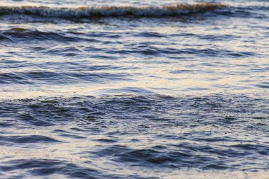 Dalgalar büyük bir nehir kıyısında kumlu. Işık ışınları dalgalar halinde yansıtılır,