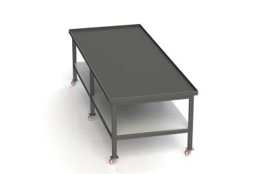 Çalışma tablosu siyah metal kauçuk ile kaplı. Beyaz arka plan izole. 3D render, 3d çizim,