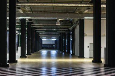 Boş depolama oda koridor. Basık sütunları umudu. Uzun boylu siyah sütunlar.