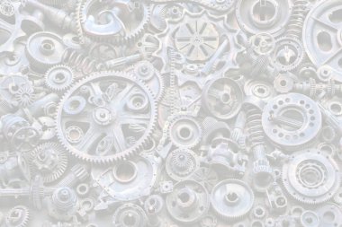 Steampunk arka plan, makine parçaları, büyük dişli ve zincir makineleri ve traktörler. Eski paslı makine parçaları. Yaylar, rulmanlar, pistonlar, milleri, milleri.