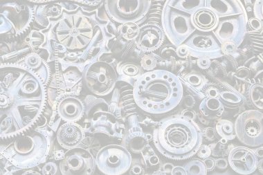 Steampunk arka plan, makine parçaları, büyük dişli ve zincir makineleri ve traktörler. Eski paslı makine parçaları. Yaylar, rulmanlar, pistonlar, milleri, milleri.