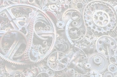 Steampunk arka plan, makine parçaları, büyük dişli ve zincir makineleri ve traktörler. Eski paslı makine parçaları. Yaylar, rulmanlar, pistonlar, milleri, milleri.