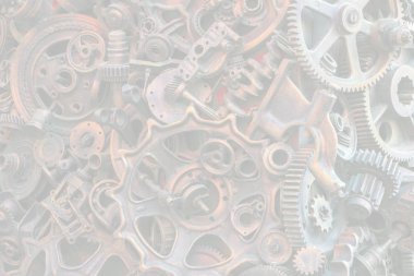 Steampunk arka plan, makine parçaları, büyük dişli ve zincir makineleri ve traktörler. Eski paslı makine parçaları. Yaylar, rulmanlar, pistonlar, milleri, milleri.