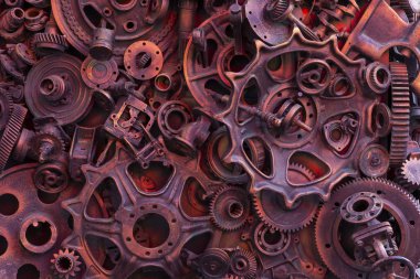 Steampunk arka plan, makine parçaları, büyük dişli ve zincir makineleri ve traktörler. Eski paslı makine parçaları. Yaylar, rulmanlar, pistonlar, milleri, milleri.