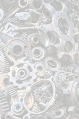 Steampunk arka plan, makine parçaları, büyük dişli ve zincir makineleri ve traktörler. Eski paslı makine parçaları. Yaylar, rulmanlar, pistonlar, milleri, milleri.