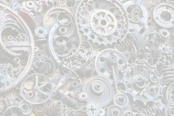 Steampunk arka plan, makine parçaları, büyük dişli ve zincir makineleri ve traktörler. Eski paslı makine parçaları. Yaylar, rulmanlar, pistonlar, milleri, milleri.