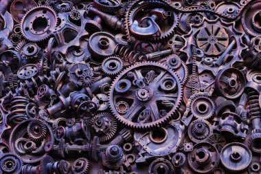 Steampunk arka plan, makine parçaları, büyük dişli ve zincir makineleri ve traktörler. Eski paslı makine parçaları. Yaylar, rulmanlar, pistonlar, milleri, milleri.