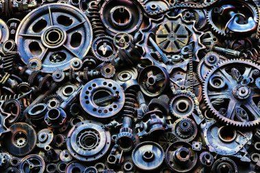 Steampunk arka plan, makine parçaları, büyük dişli ve zincir makineleri ve traktörler. Eski paslı makine parçaları. Yaylar, rulmanlar, pistonlar, milleri, milleri.