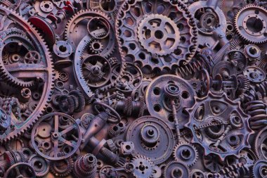 Steampunk arka plan, makine parçaları, büyük dişli ve zincir makineleri ve traktörler. Eski paslı makine parçaları. Yaylar, rulmanlar, pistonlar, milleri, milleri.