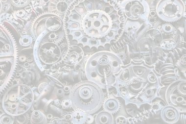 Steampunk arka plan, makine parçaları, büyük dişli ve zincir makineleri ve traktörler. Eski paslı makine parçaları. Yaylar, rulmanlar, pistonlar, milleri, milleri.