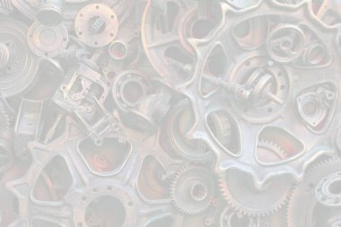 Steampunk arka plan, makine parçaları, büyük dişli ve zincir makineleri ve traktörler. Eski paslı makine parçaları. Yaylar, rulmanlar, pistonlar, milleri, milleri.