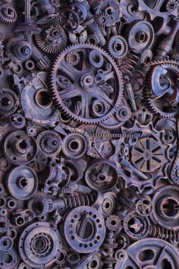 Steampunk doku, backgroung ile mekanik parçalar, dişli tekerlekleri, buhar punk cogwheels, oto yedek parça, eski paslı demir zincirleri, yaylar, tekerlekler, öbek yakın