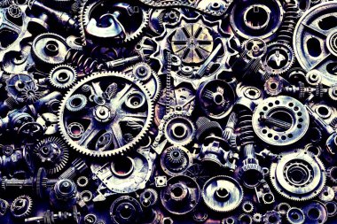 Steampunk doku, backgroung ile mekanik parçalar, dişli tekerlekleri, buhar punk cogwheels, oto yedek parça, eski paslı demir zincirleri, yaylar, tekerlekler, öbek yakın